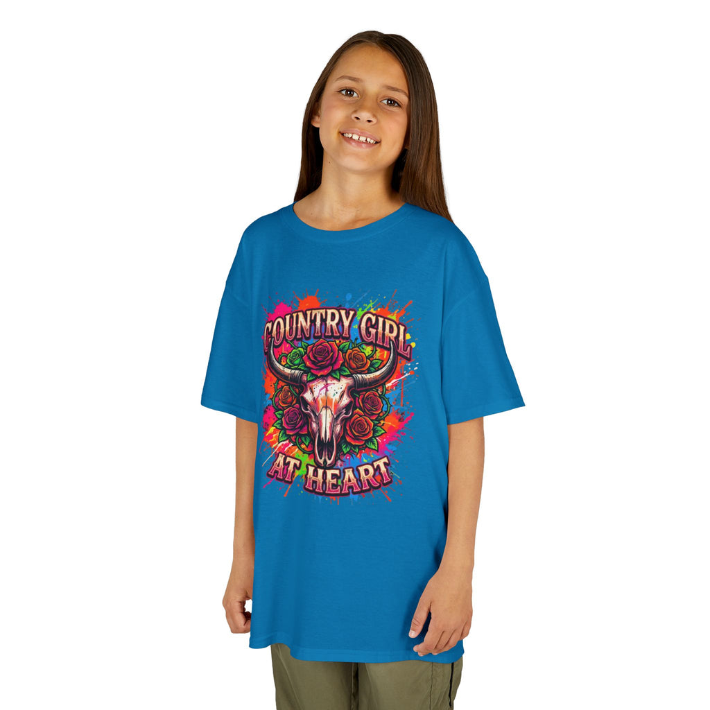 Kids T-Shirt — "Country Girl at Heart" Colorful Cow Skull Tee