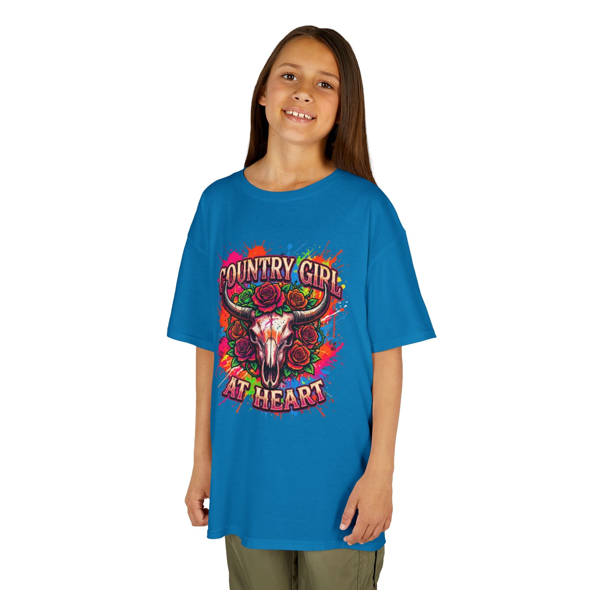 Kids T-Shirt — "Country Girl at Heart" Colorful Cow Skull Tee