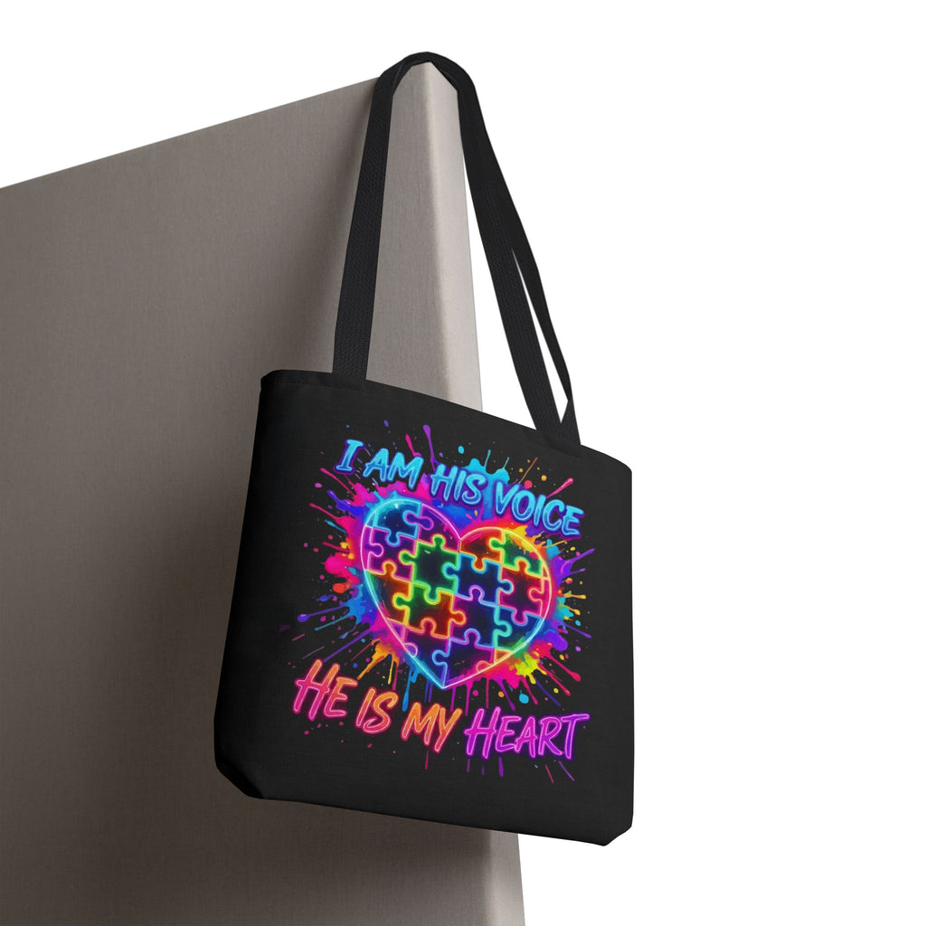 Autism Awareness Tote Bag — "I Am His Voice, He Is My Heart" Colorful Puzzle Heart
