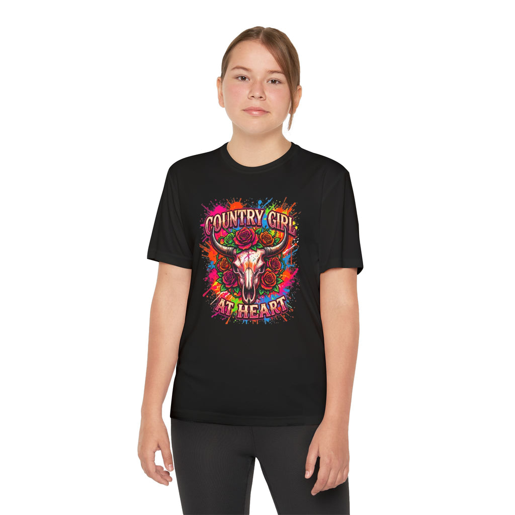 Youth T-Shirt — "Country Girl at Heart" Floral Bull Skull Graphic