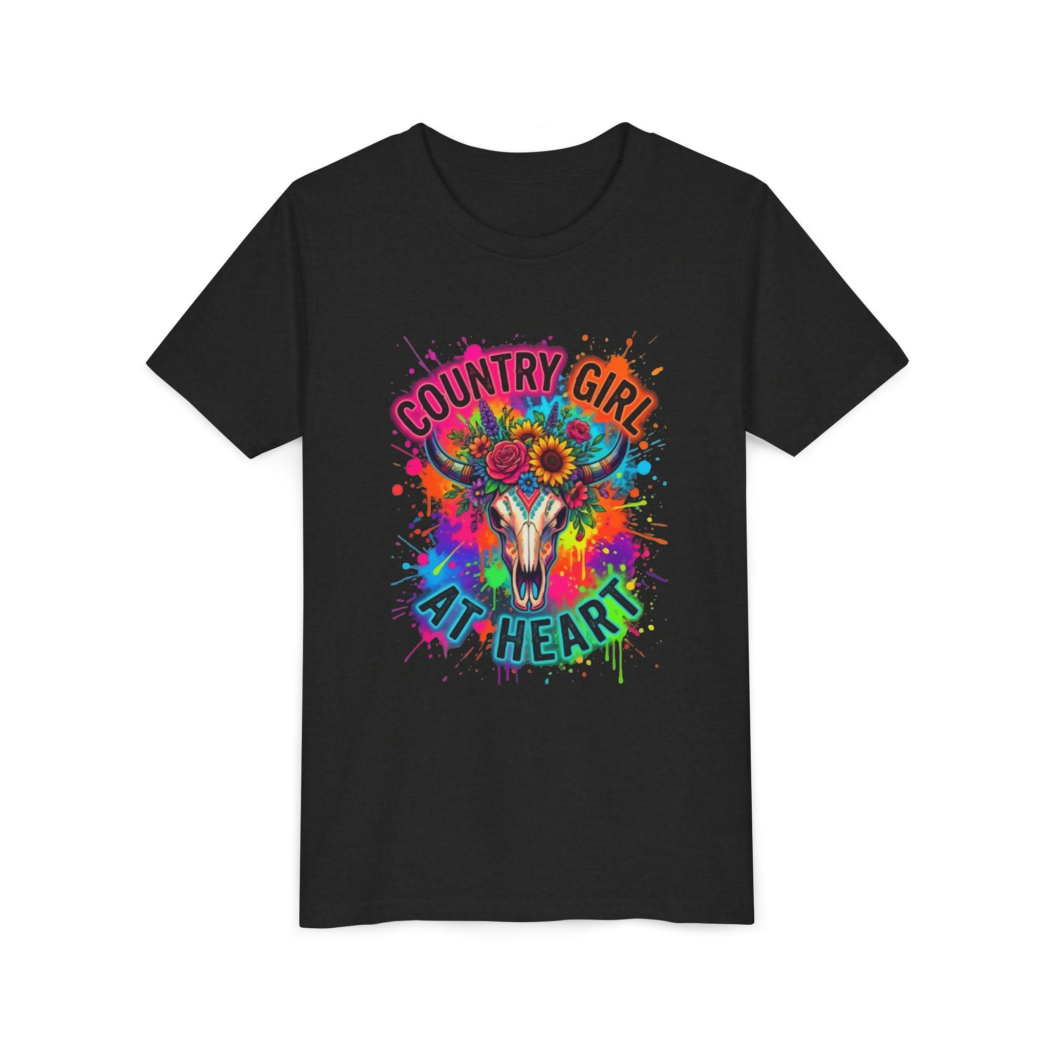Youth Tee — "Country Girl at Heart" Colorful Cow Skull Graphic