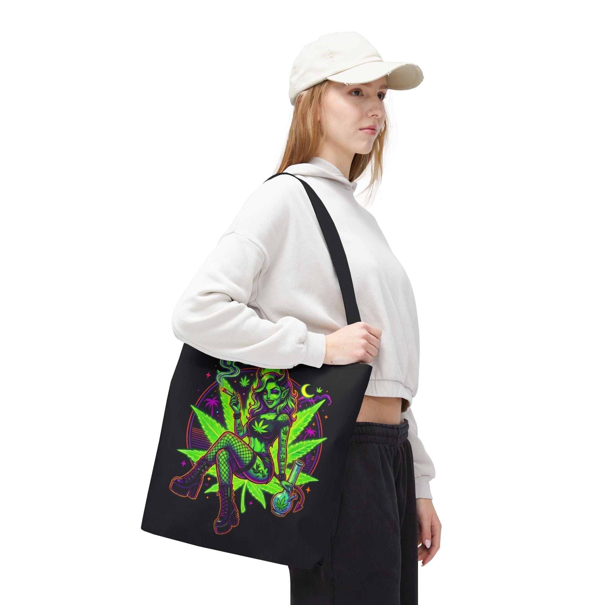 Psychedelic Witch Tote Bag — Neon Cannabis Pinup All-Over Print