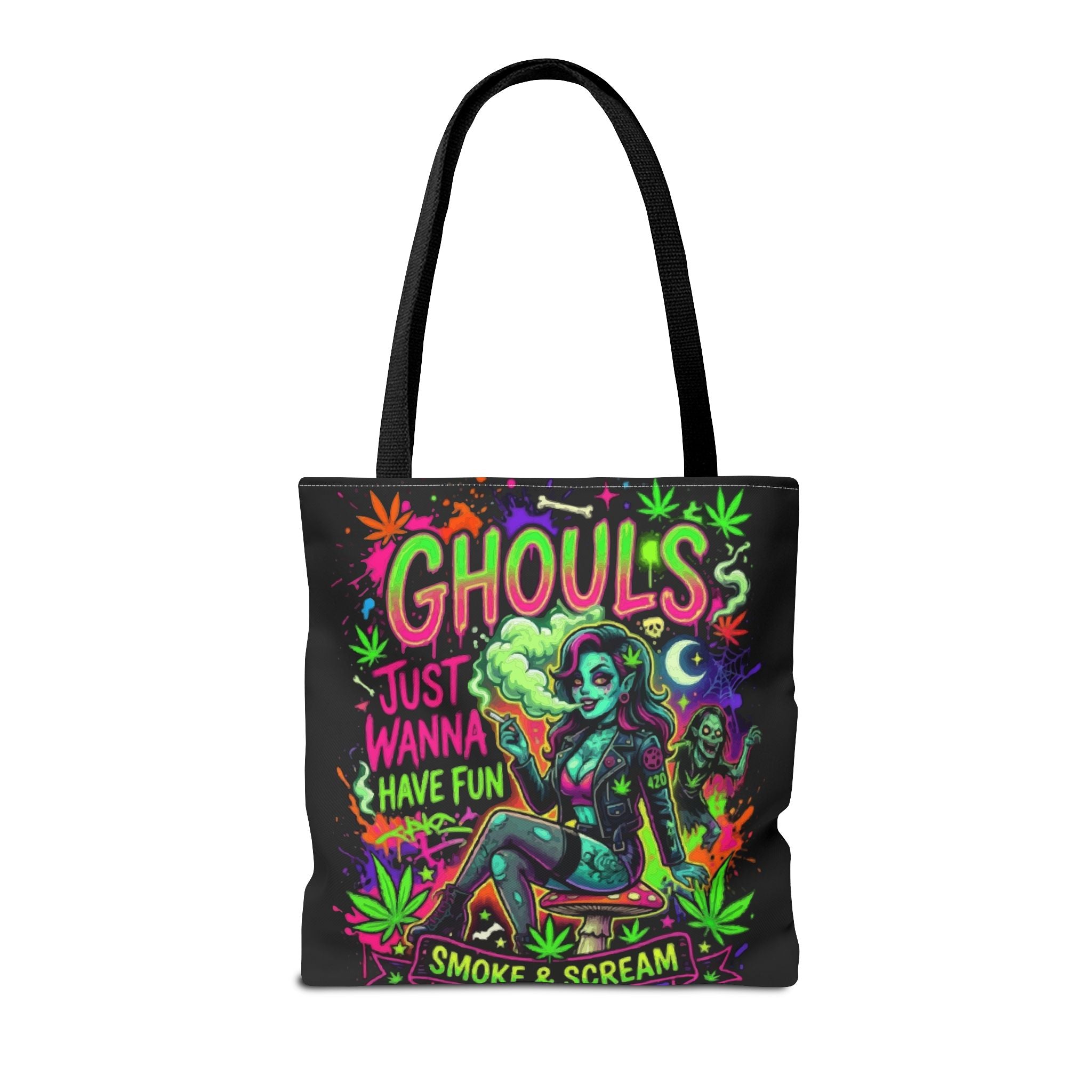 Ghoul's Just Wanna Have Fun Neon Halloween Tote Bag – Spooky Retro Cannabis Art