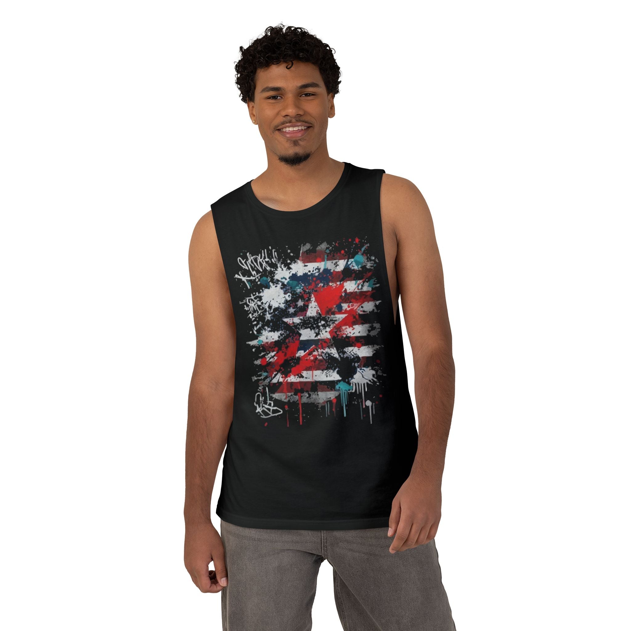 American Flag Graffiti Tank Top — Distressed Patriotic Sleeveless Shirt