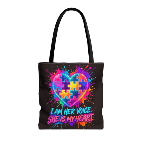 Autism Awareness Heart Tote Bag — "I Am Her Voice, She Is My Heart" Colorful Puzzle Design