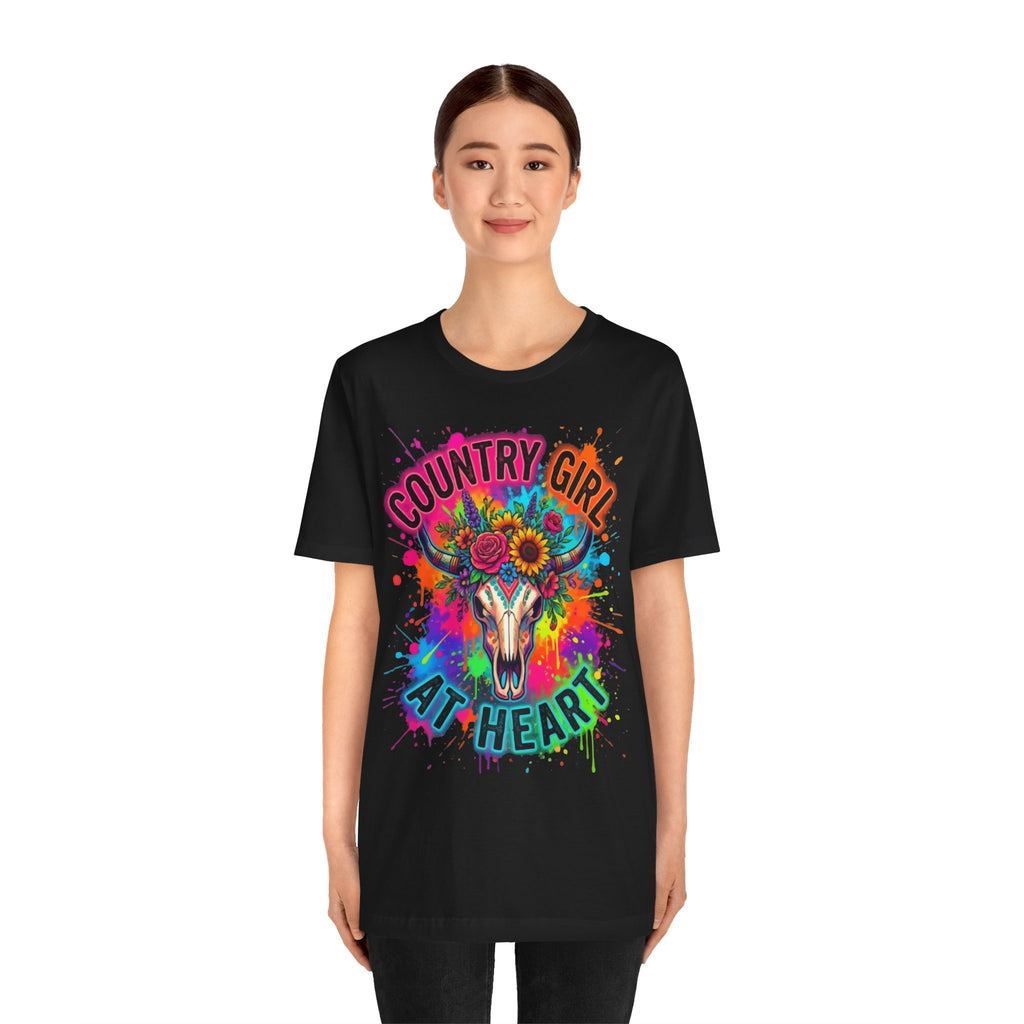 Country Girl At Heart Graphic Tee — Floral Cow Skull Colorful Western T-Shirt