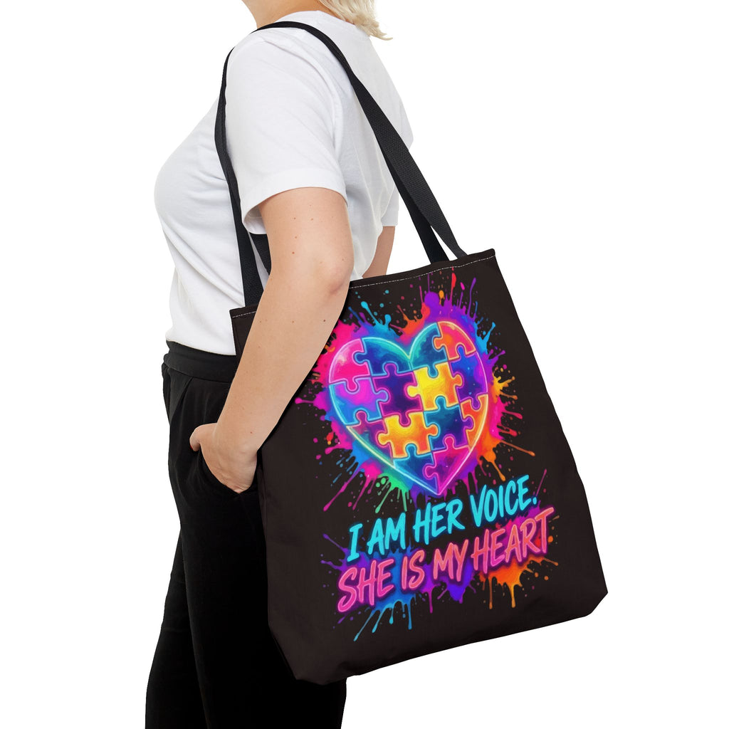 Autism Awareness Heart Tote Bag — "I Am Her Voice, She Is My Heart" Colorful Puzzle Design