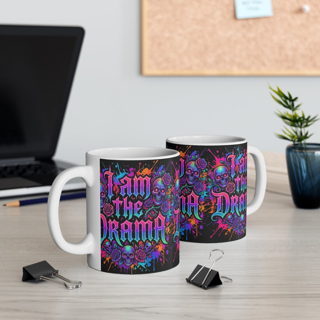 I Am the Drama 11oz Mug — Neon Skull & Roses Gothic Coffee Cup