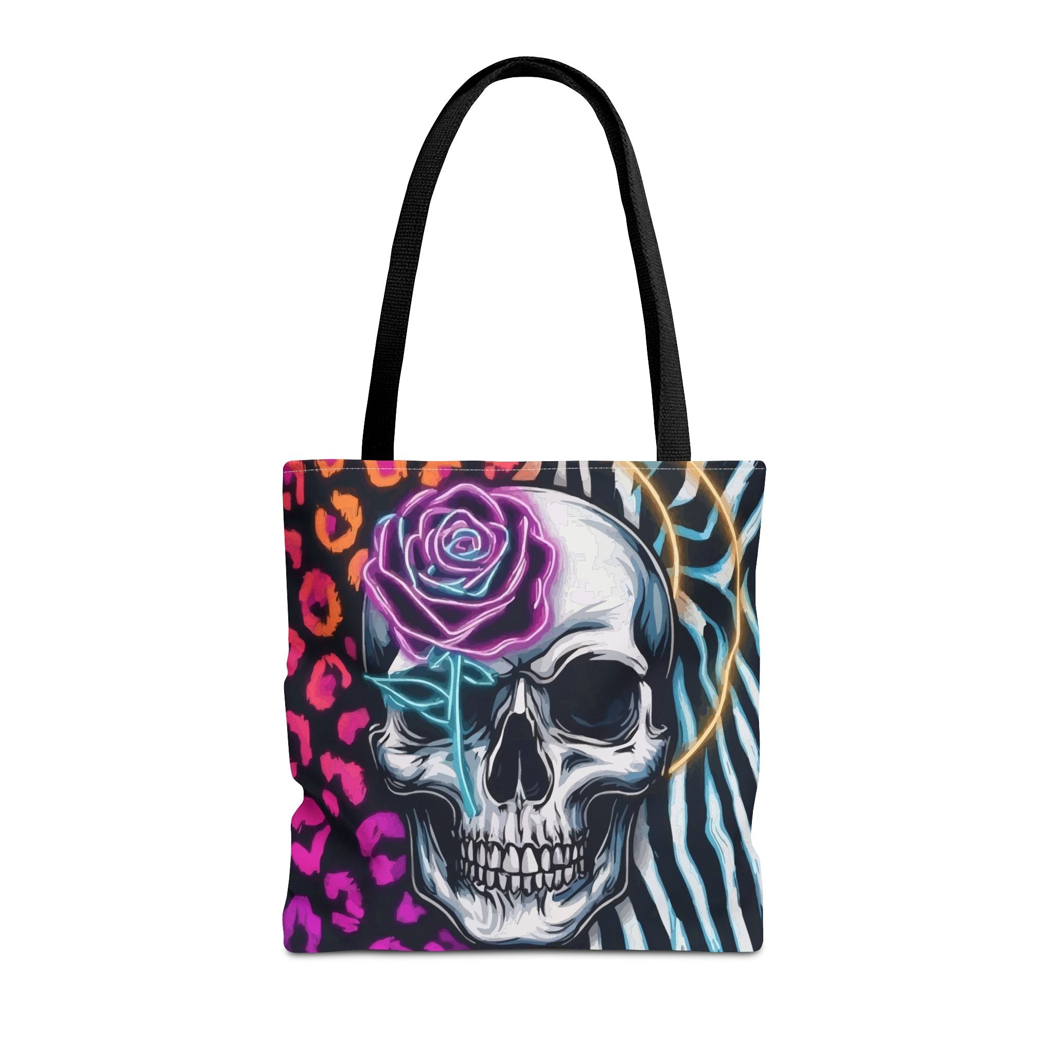 Skull & Rose Pattern Tote Bag — Neon Animal Print All-Over Tote