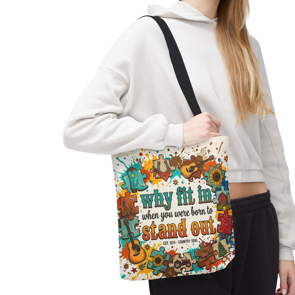 Stand Out Tote Bag — "Why Fit In When You Were Born to Stand Out" Colorful Boho Guitar Design