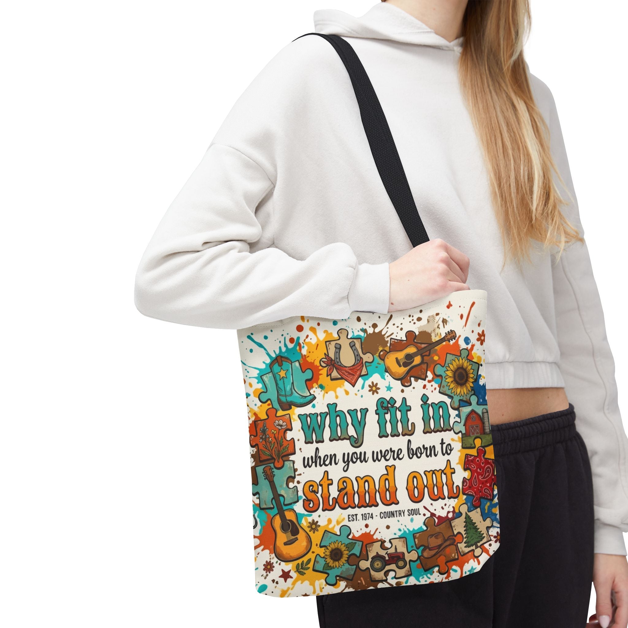 Stand Out Tote Bag — "Why Fit In When You Were Born to Stand Out" Colorful Boho Guitar Design