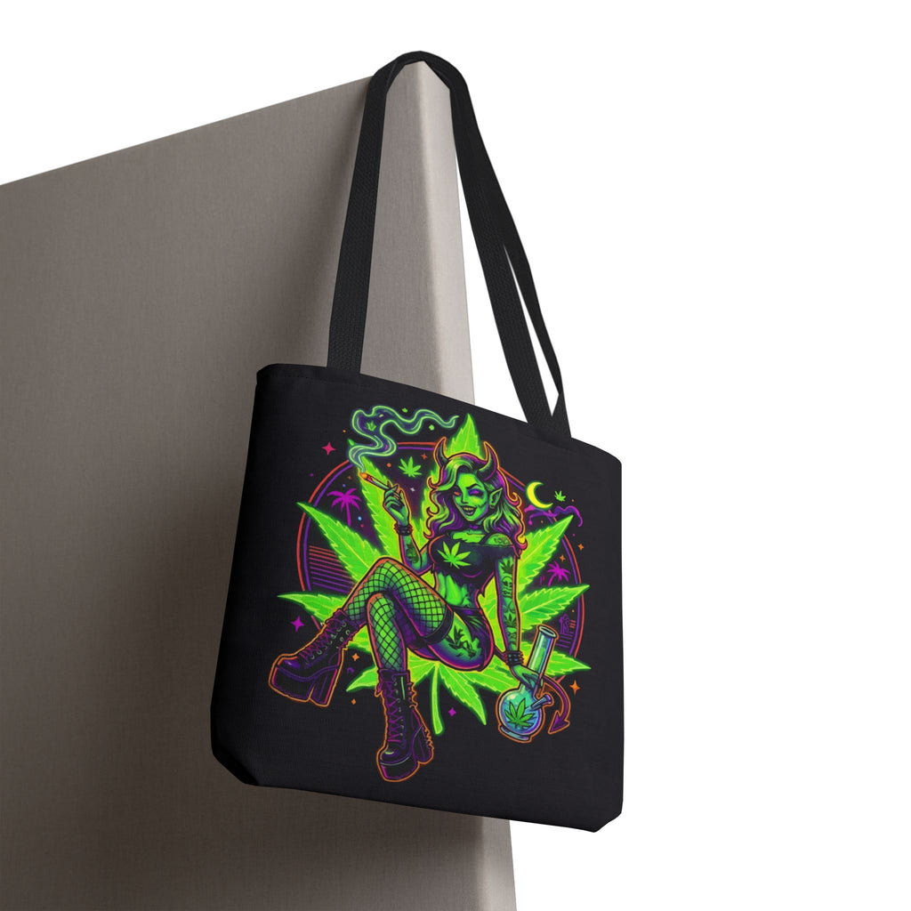 Psychedelic Witch Tote Bag — Neon Cannabis Pinup All-Over Print