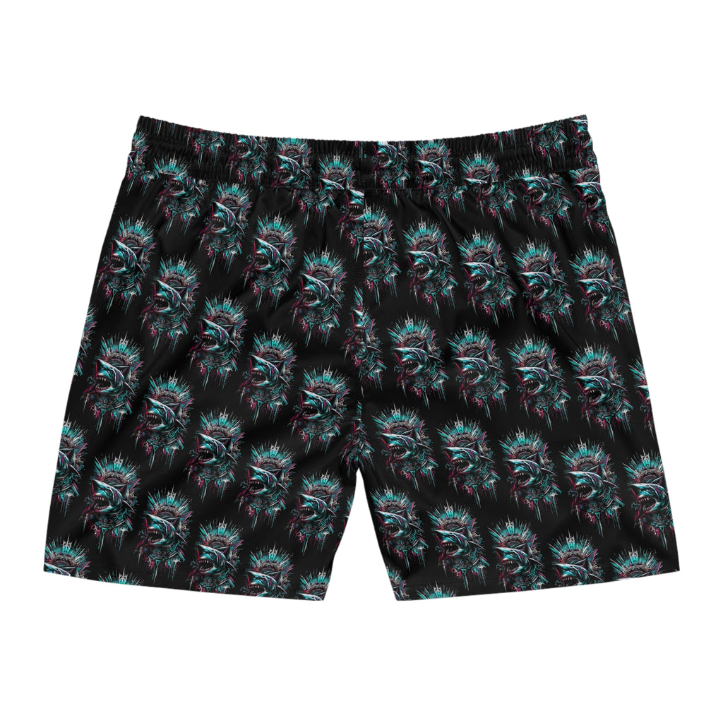 Shark Bite Swim Shorts — Neon Tribal Shark Print Men's Mid-Length Swim Trunks