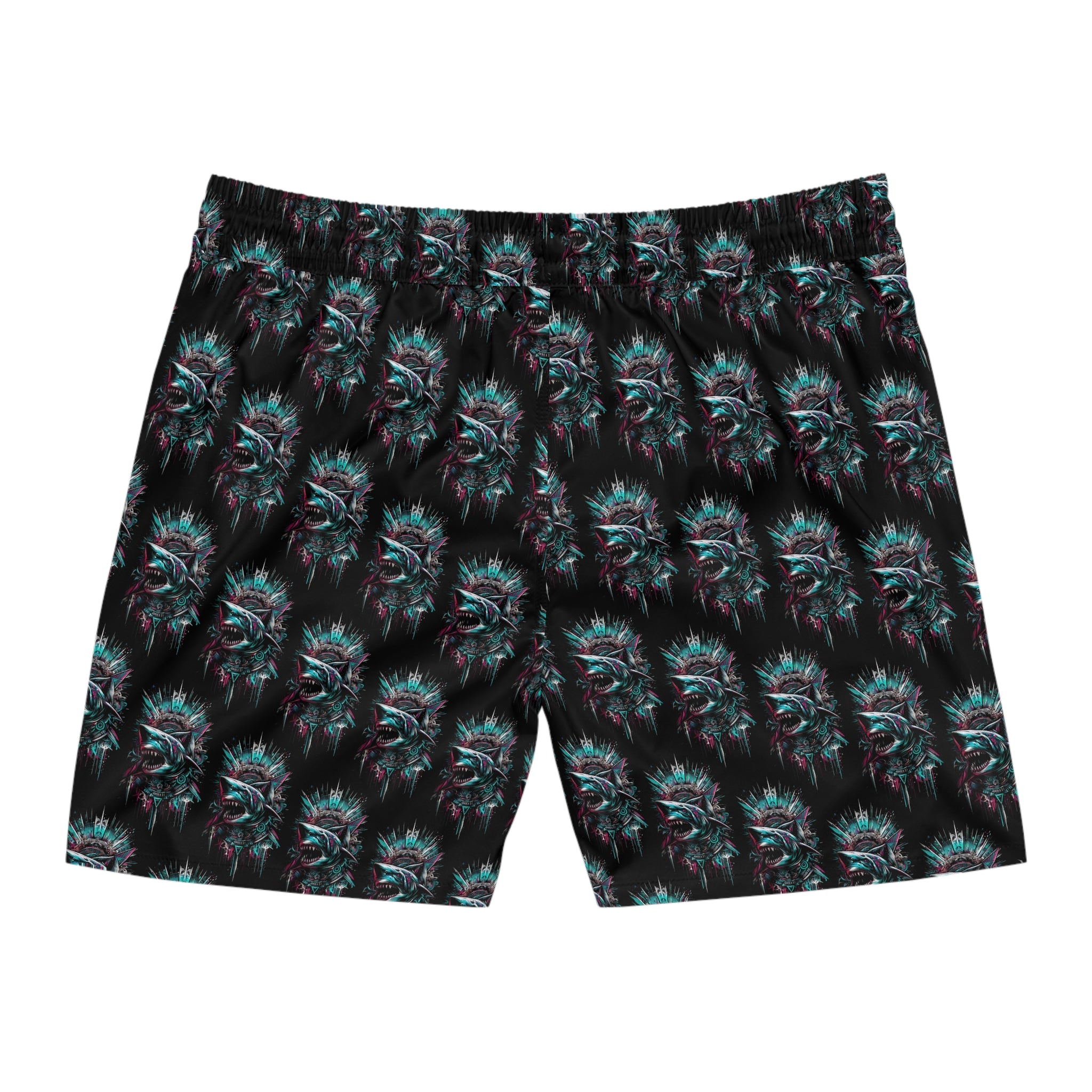Shark Bite Swim Shorts — Neon Tribal Shark Print Men's Mid-Length Swim Trunks
