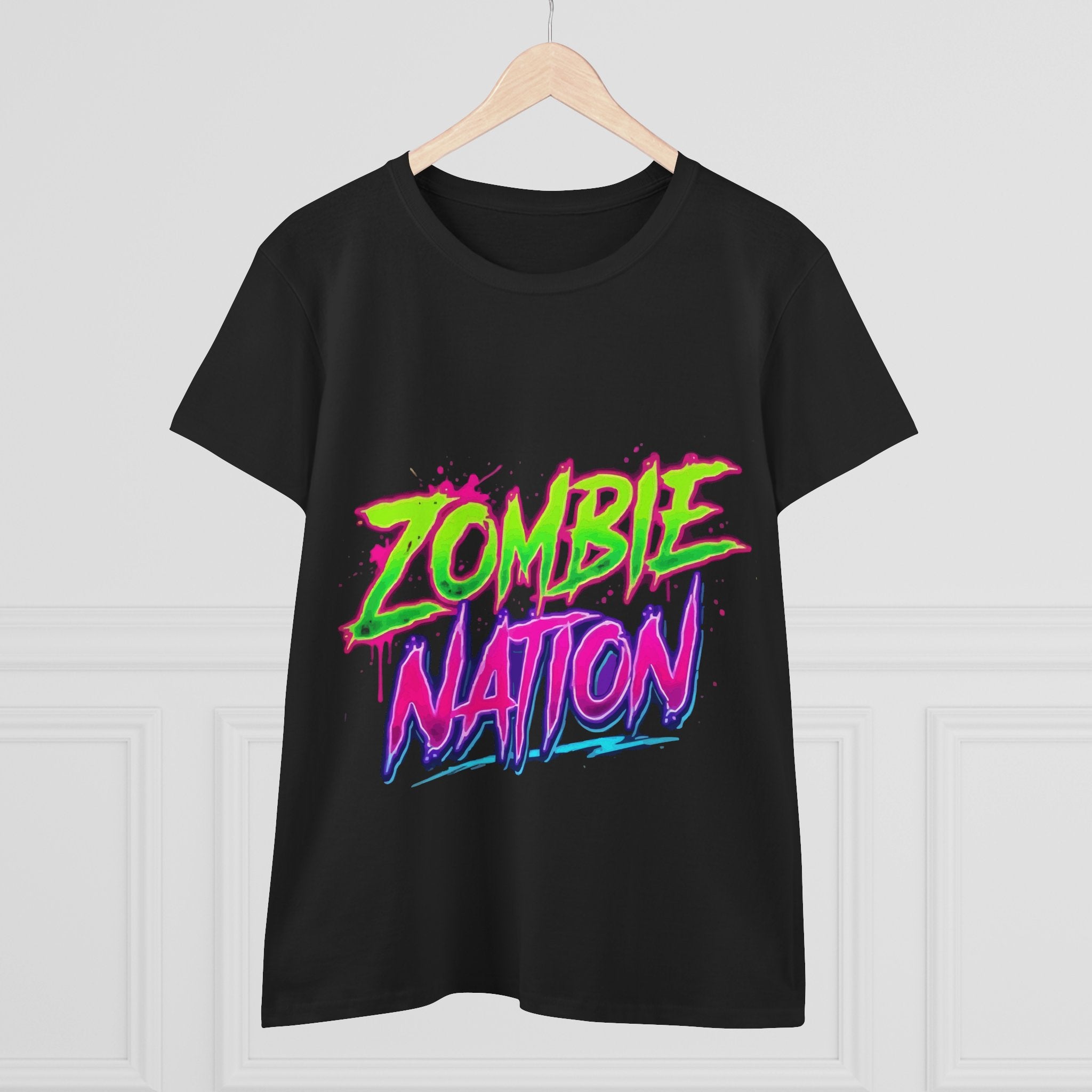 Zombie Nation Tee — Neon Retro Zombie Graphic Shirt for Women (Front & Back Print)