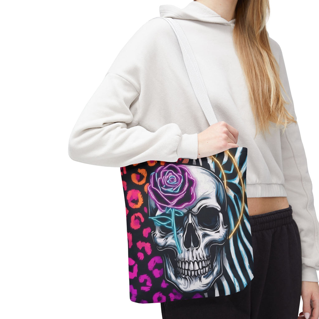 Skull & Rose Pattern Tote Bag — Neon Animal Print All-Over Tote