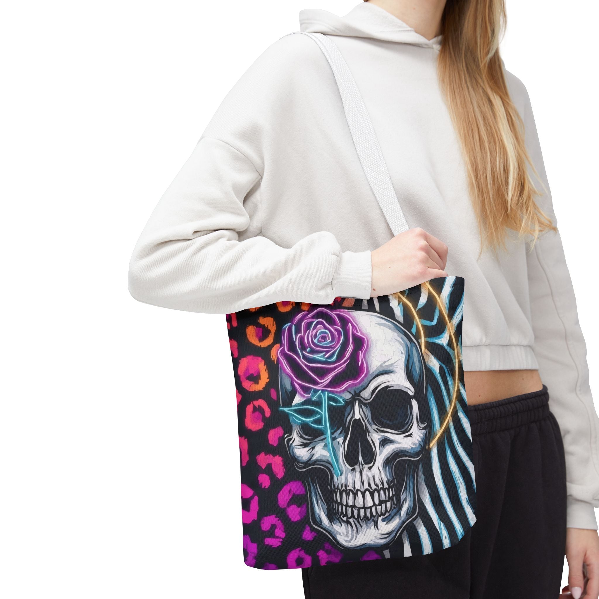 Skull & Rose Pattern Tote Bag — Neon Animal Print All-Over Tote