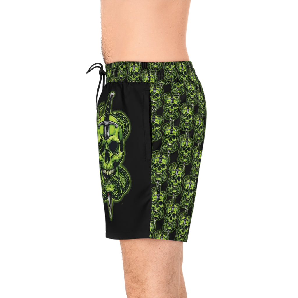 Men's Green Skull & Dagger Swim Shorts - Gothic All-Over Print