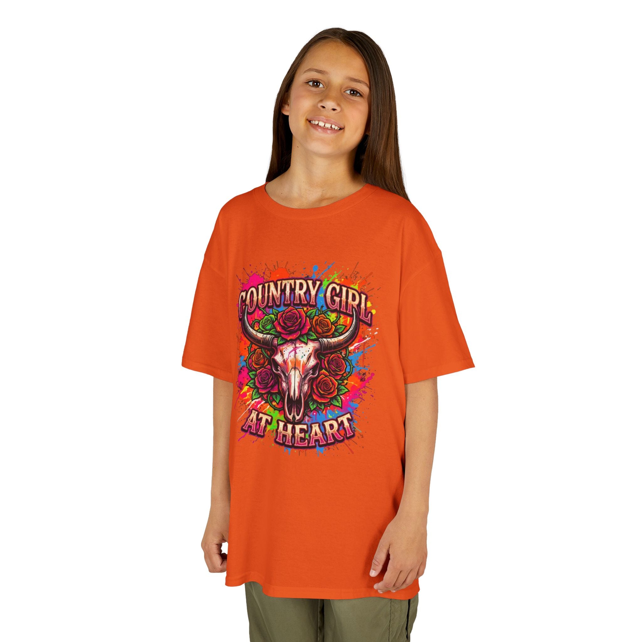 Kids T-Shirt — "Country Girl at Heart" Colorful Cow Skull Tee