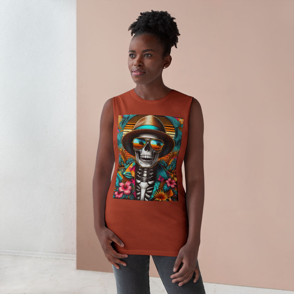 Skeleton Sun Hat Tank Top — Tropical Day of the Dead Skull Graphic Tank