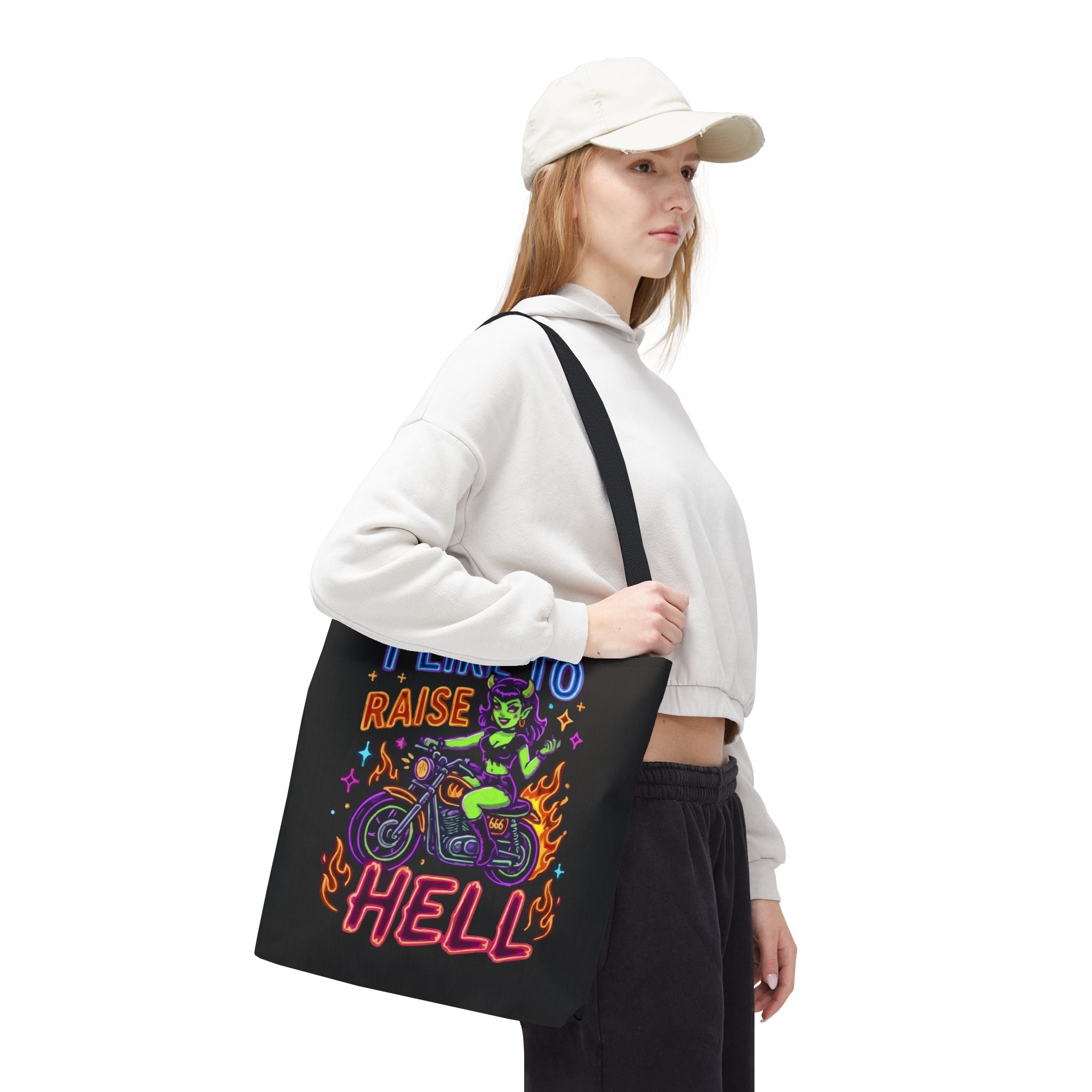 I Like to Raise Hell Motorcycle Tote Bag — Neon Biker Cat Graphic