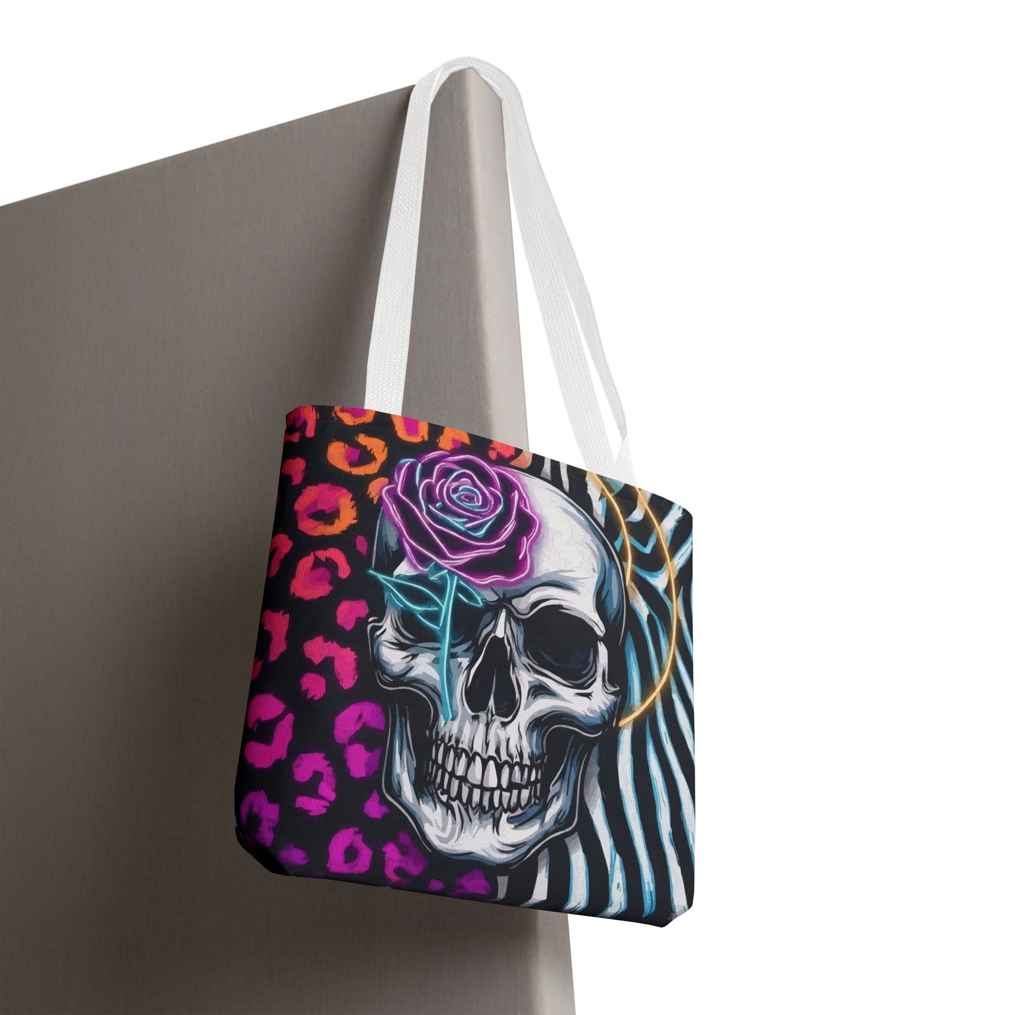 Skull & Rose Pattern Tote Bag — Neon Animal Print All-Over Tote