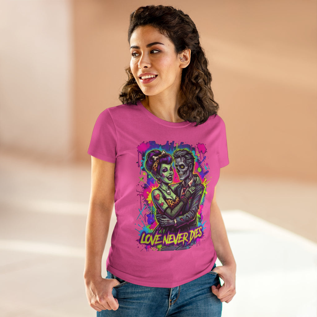 Women's Tee — Neon Zombie Couple "Love Never Dies" Graphic