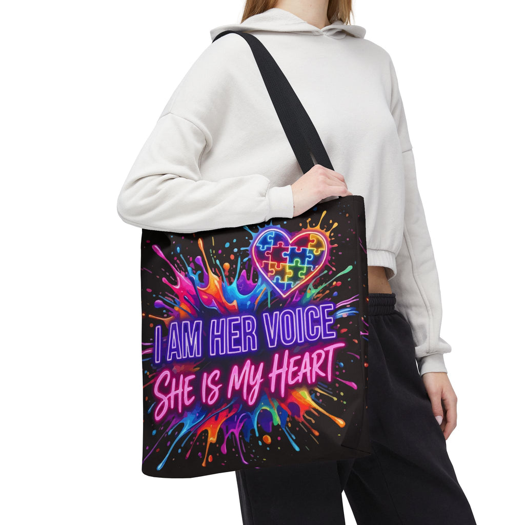Autism Awareness Tote Bag - "I Am Her Voice, She Is My Heart" Colorful Puzzle Heart Carryall