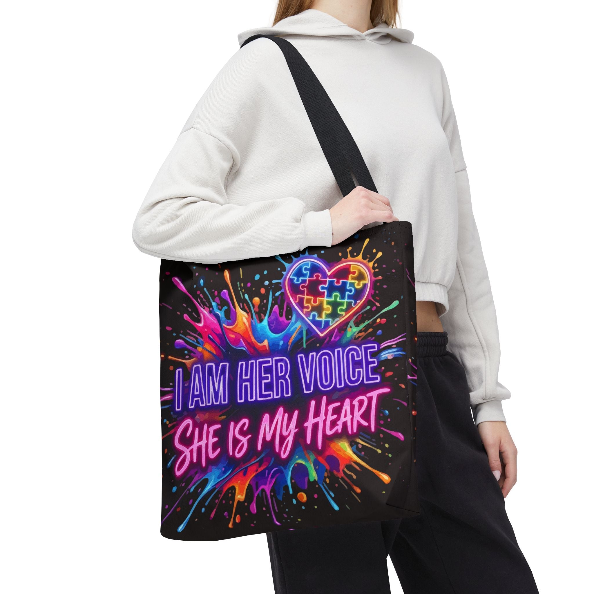 Autism Awareness Tote Bag - "I Am Her Voice, She Is My Heart" Colorful Puzzle Heart Carryall