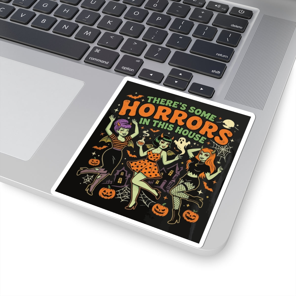 Halloween 'There's Some Horrors in This House' Kiss-Cut Sticker — Retro Pin-Up Witch Trio