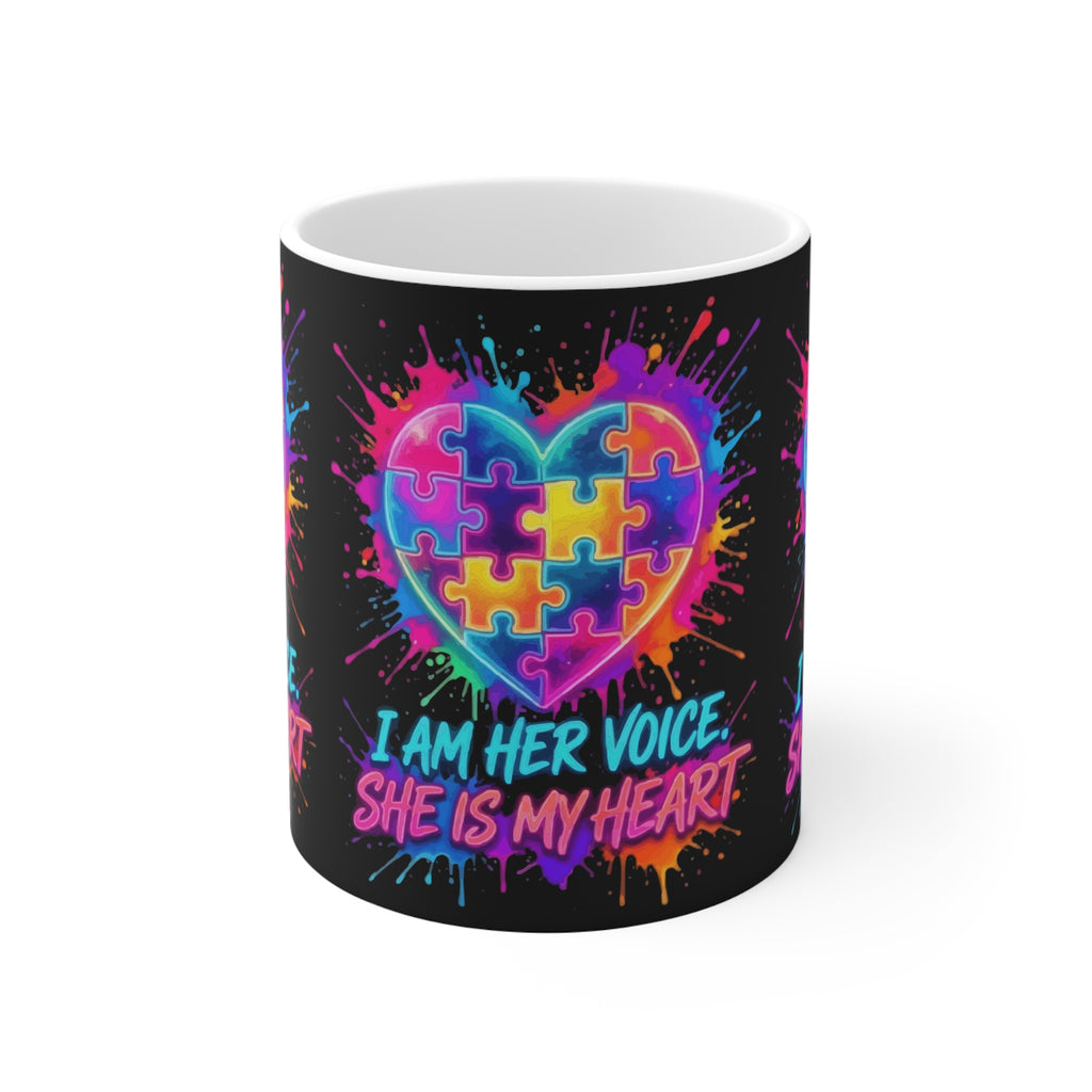 Autism Awareness Mug — "I Am Her Voice, She Is My Heart" Colorful Puzzle Heart