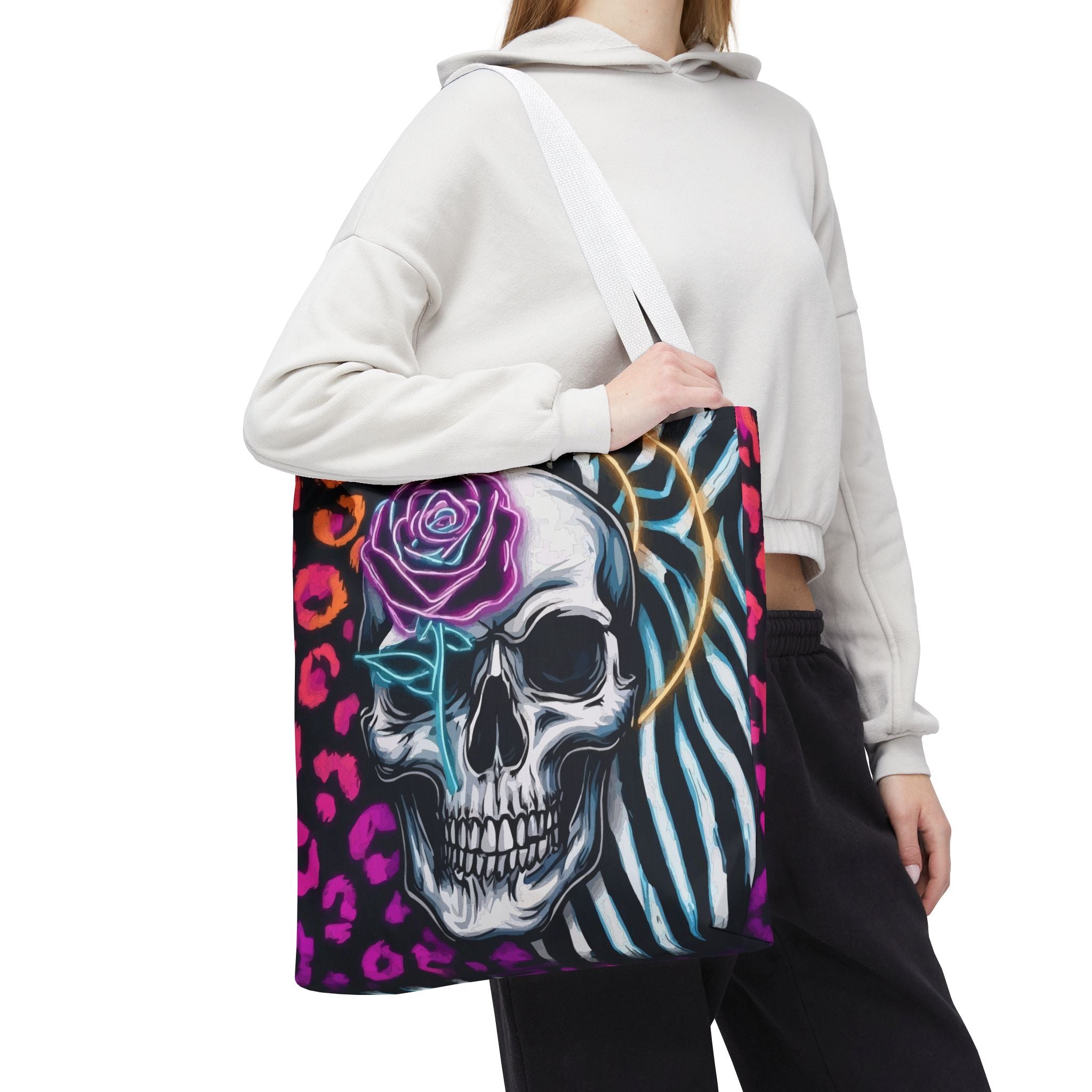 Skull & Rose Pattern Tote Bag — Neon Animal Print All-Over Tote