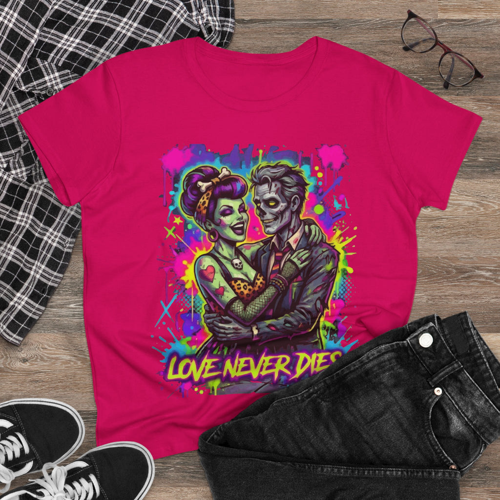 Women's Tee — Neon Zombie Couple "Love Never Dies" Graphic