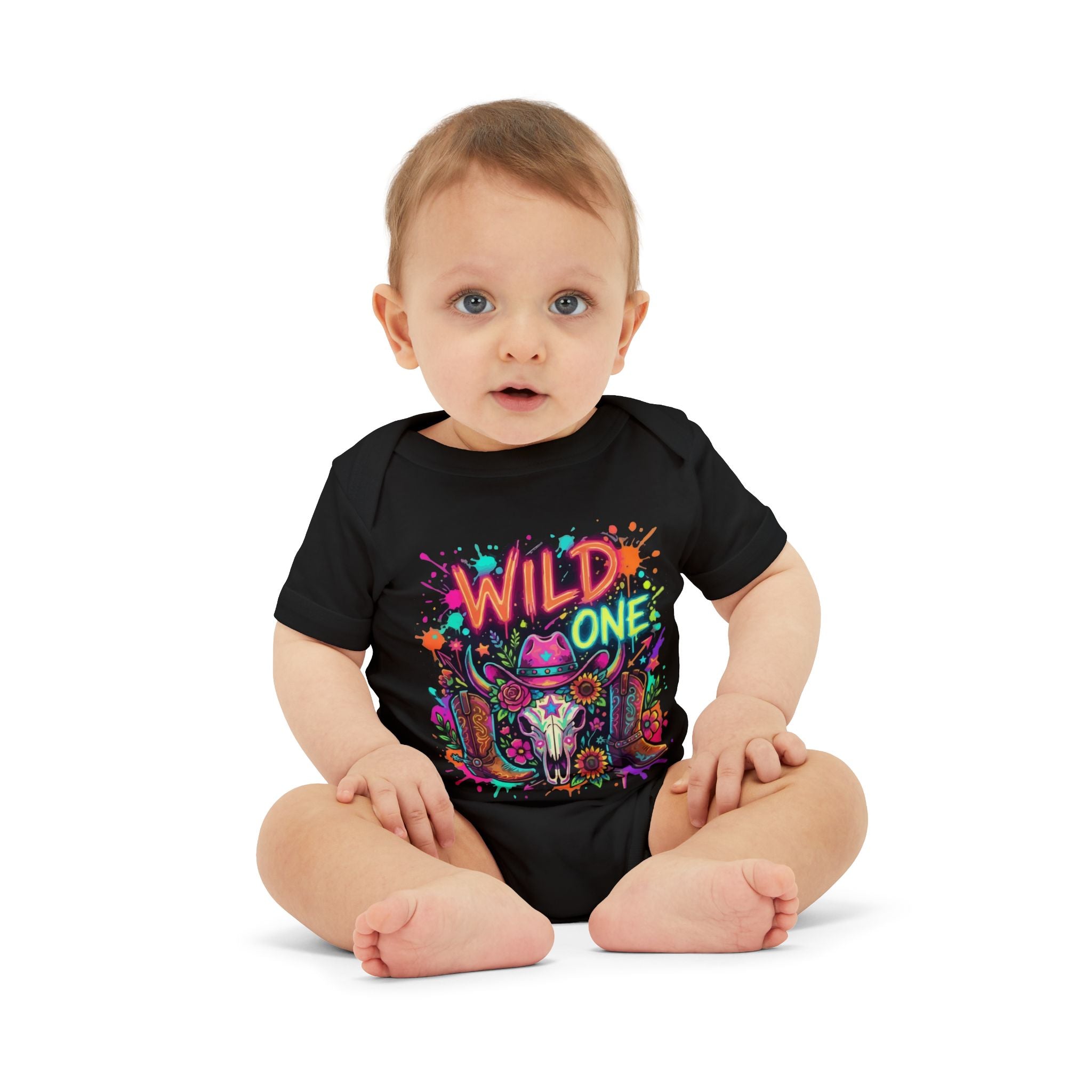 Infant Onesie "Wild One" Neon Cow Skull First Birthday Bodysuit