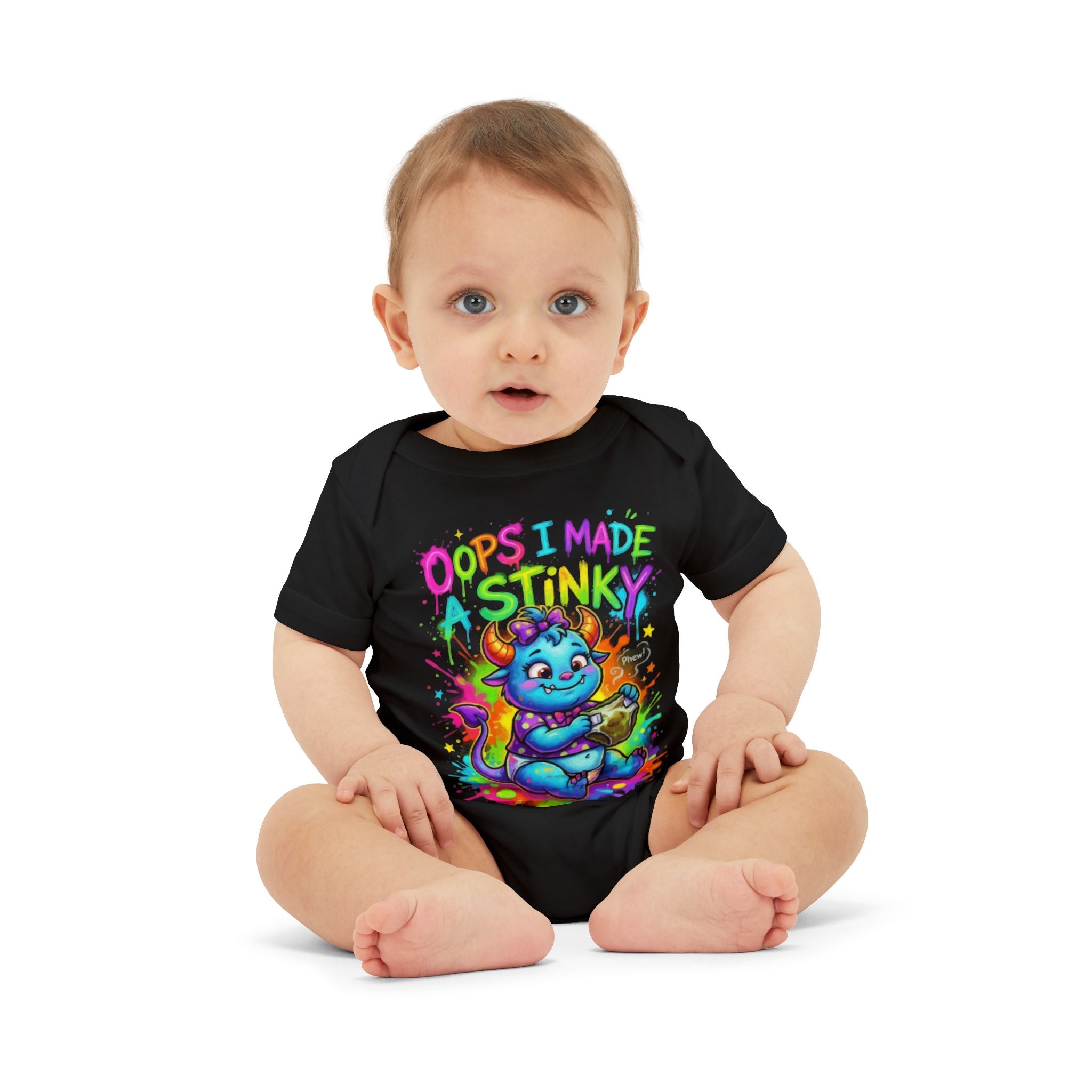 Infant One-Piece - "Oops I Made a Stinky" Colorful Monster Baby Bodysuit