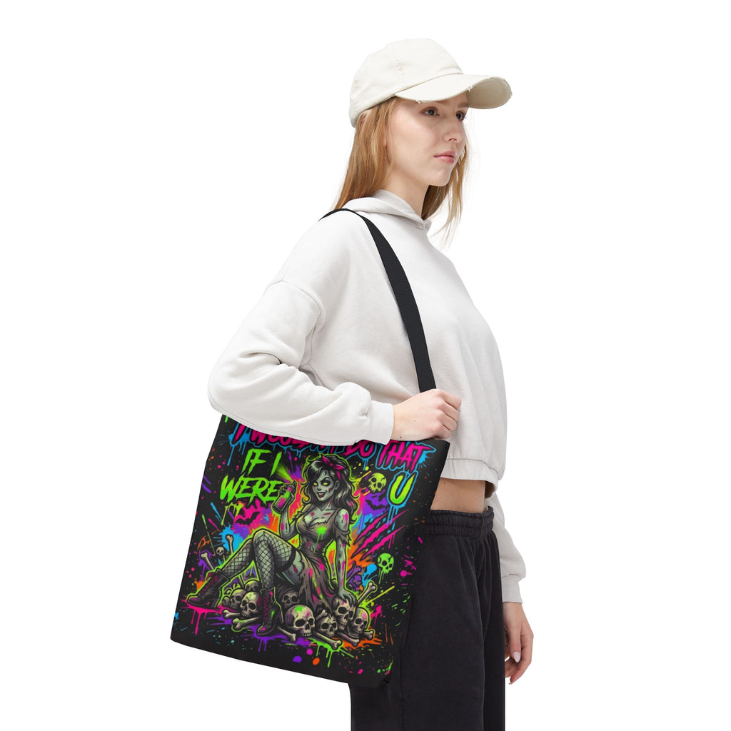 Zombie Pin-Up Tote Bag — "I Wouldn't Do That If I Were U" Neon Horror Graphic