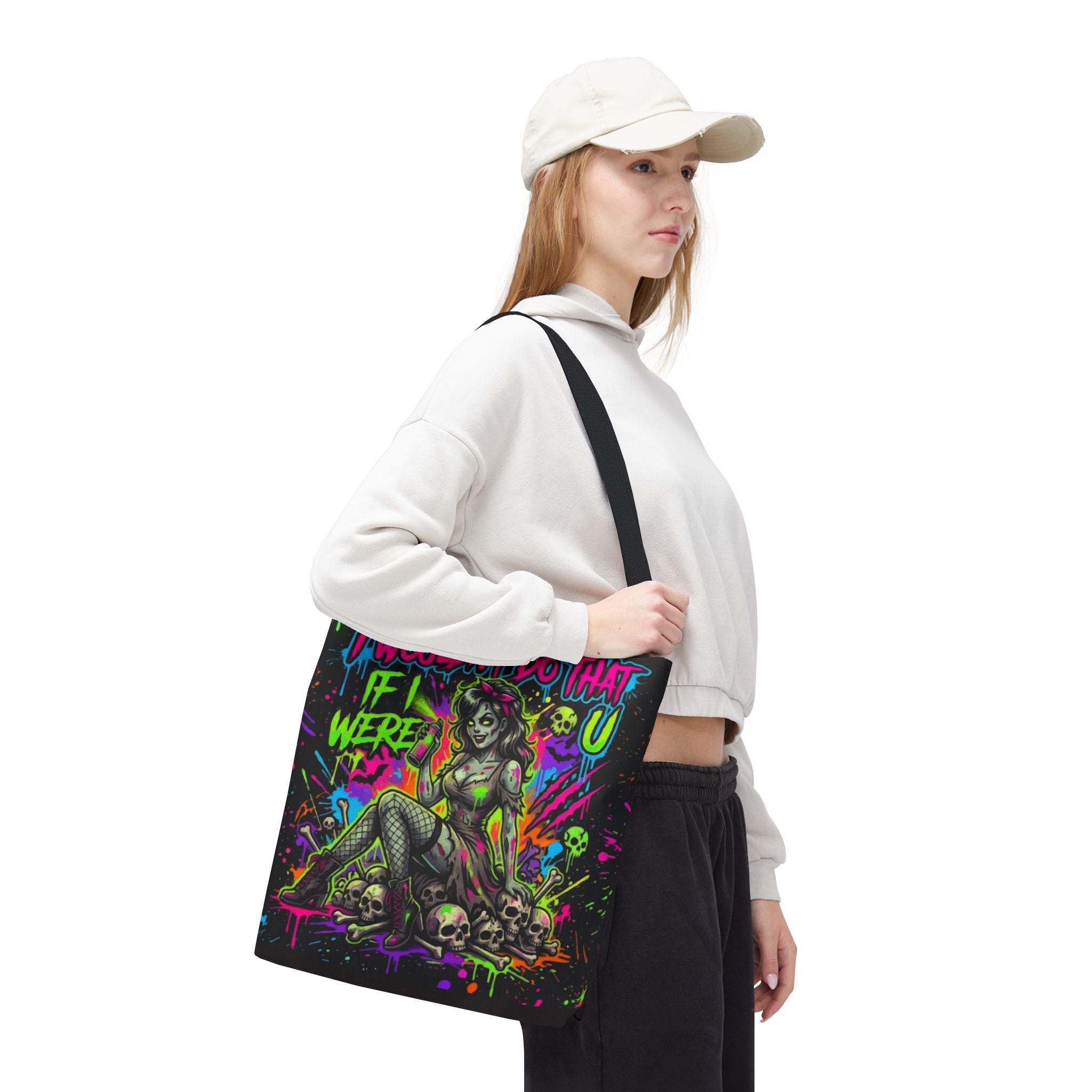 Zombie Pin-Up Tote Bag — "I Wouldn't Do That If I Were U" Neon Horror Graphic