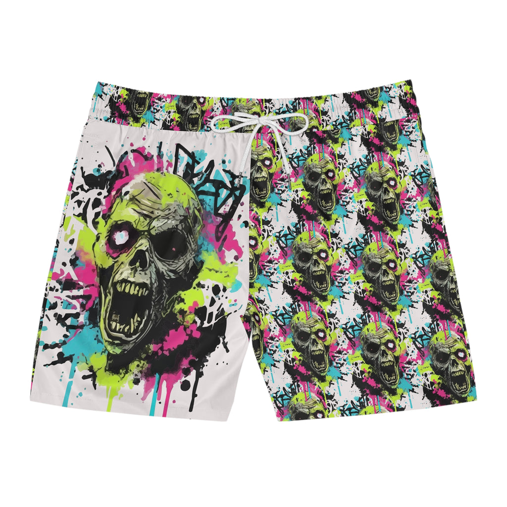 Neon Graffiti Zombie Swim Shorts — Men's Mid-Length Skull Beach Trunks