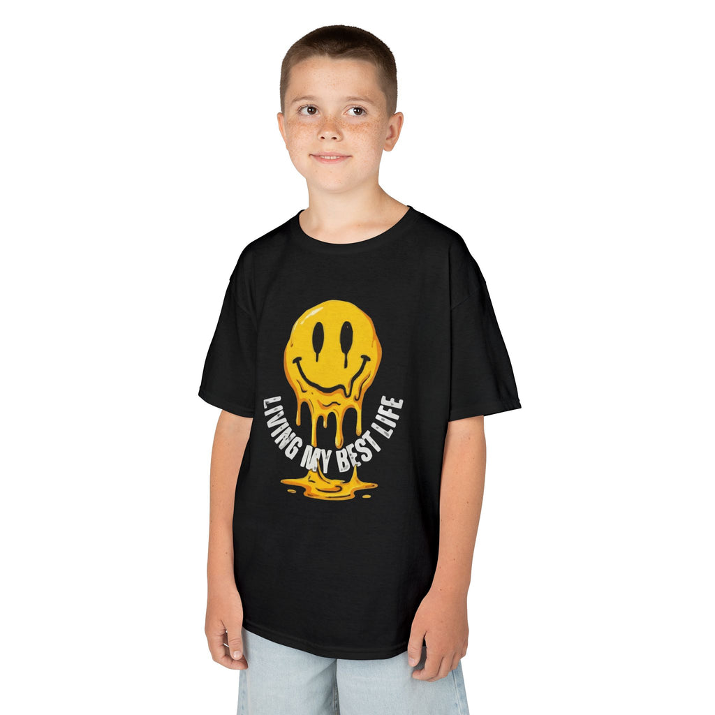 Kids Tee — Melting Smiley "Living My Best Life" Graphic