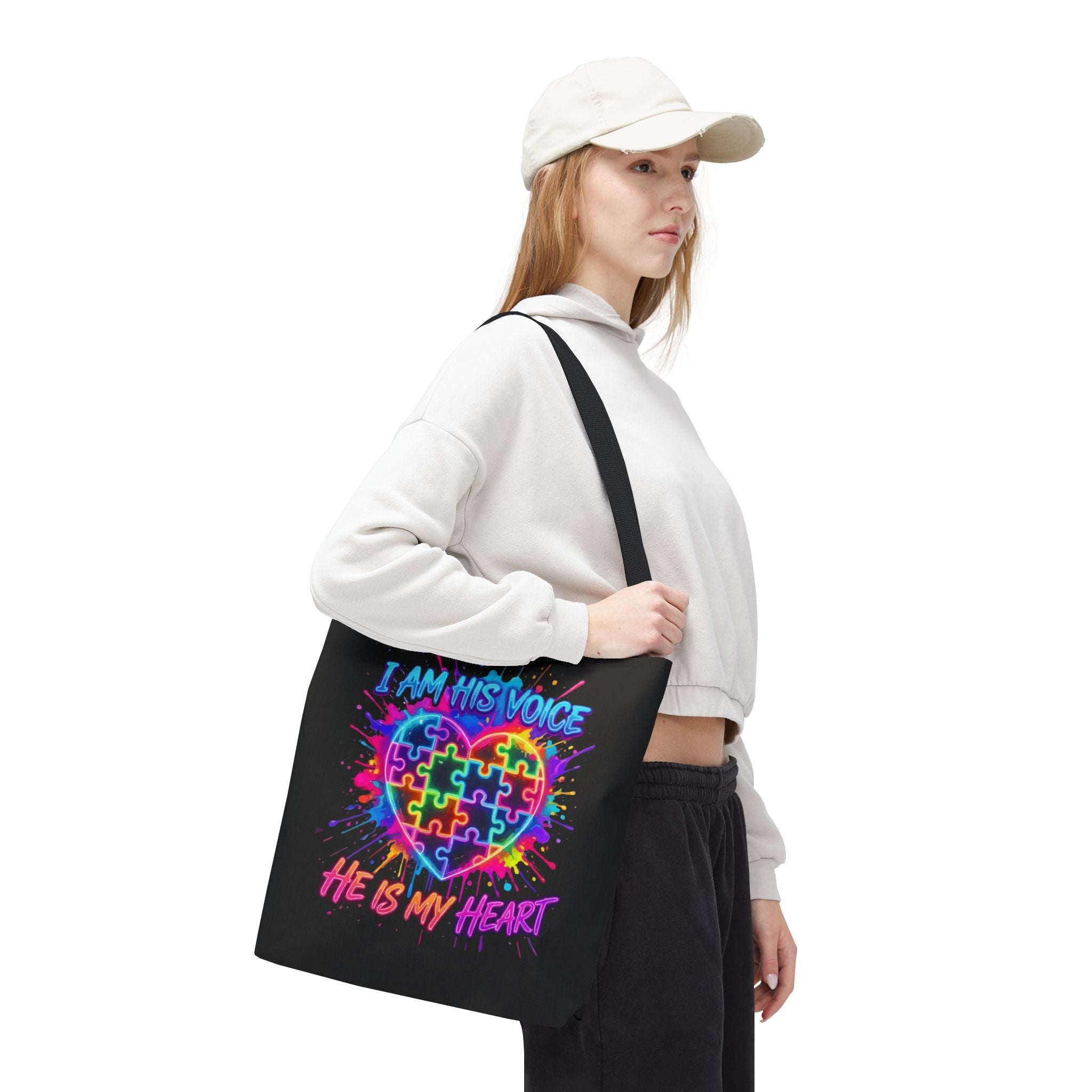 Autism Awareness Tote Bag — "I Am His Voice, He Is My Heart" Colorful Puzzle Heart