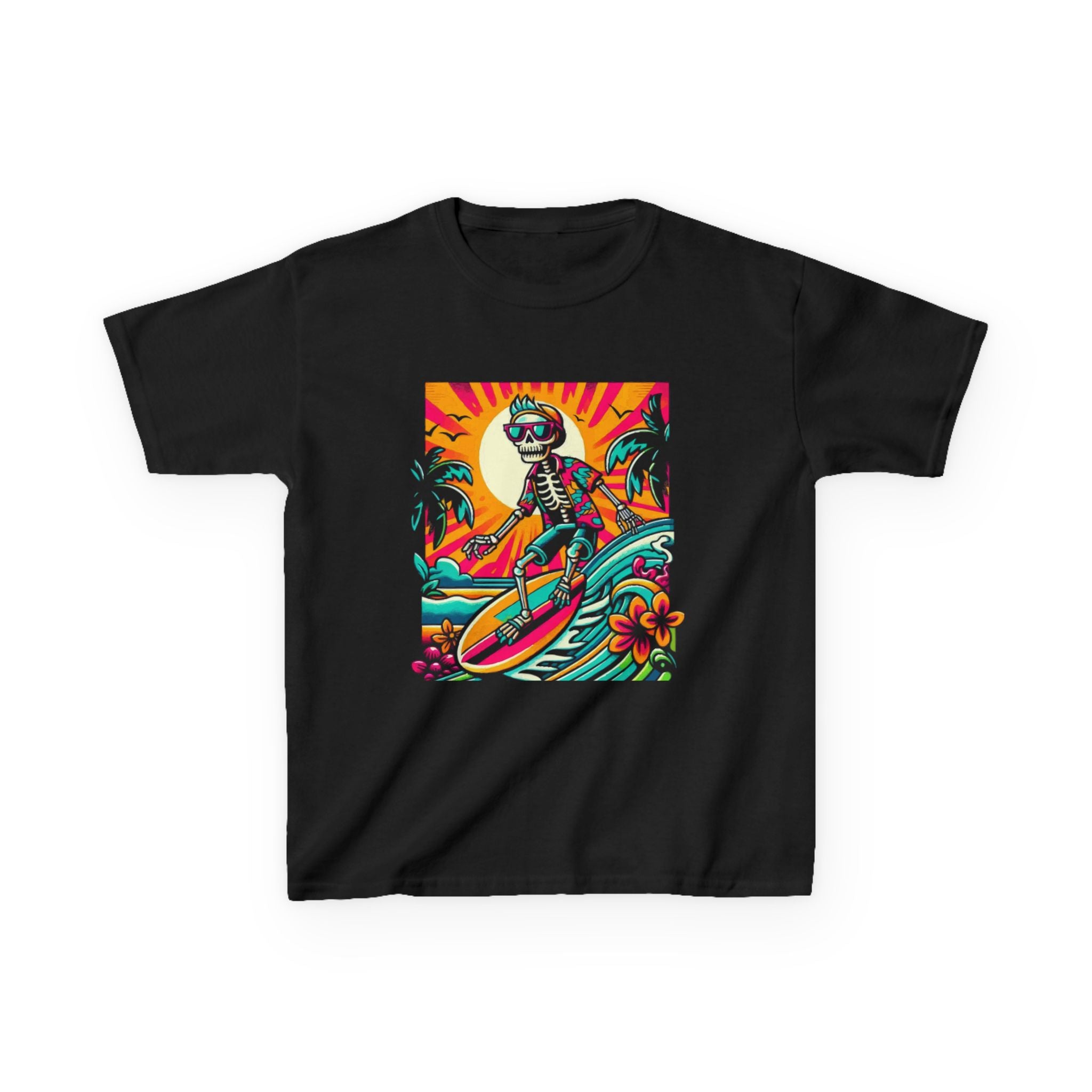 Kids Surfing Shark Tee — Colorful Retro Beach Wave Graphic