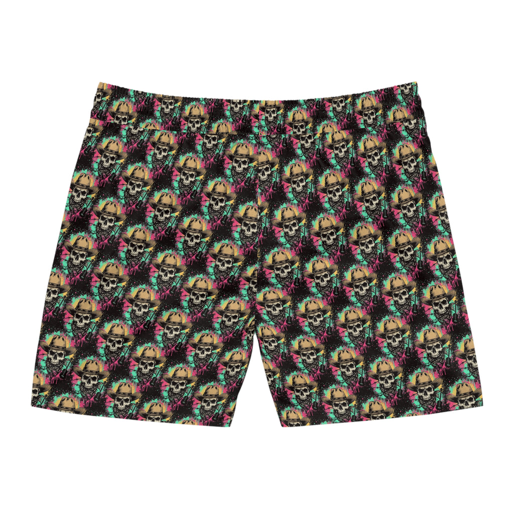 Skull Cowboy Swim Shorts — Neon Cowboy Skull Men's Mid-Length Beach Trunks