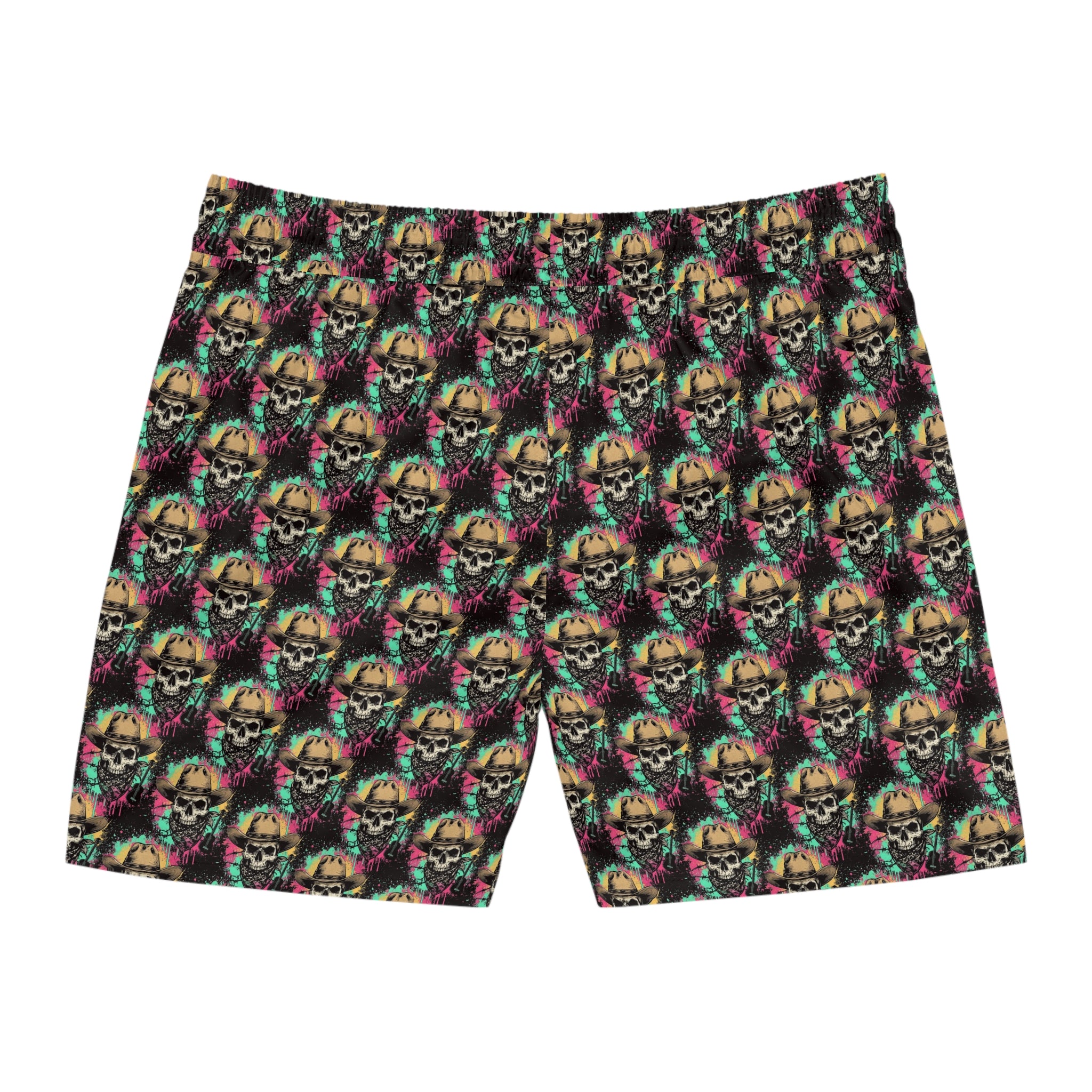 Skull Cowboy Swim Shorts — Neon Cowboy Skull Men's Mid-Length Beach Trunks