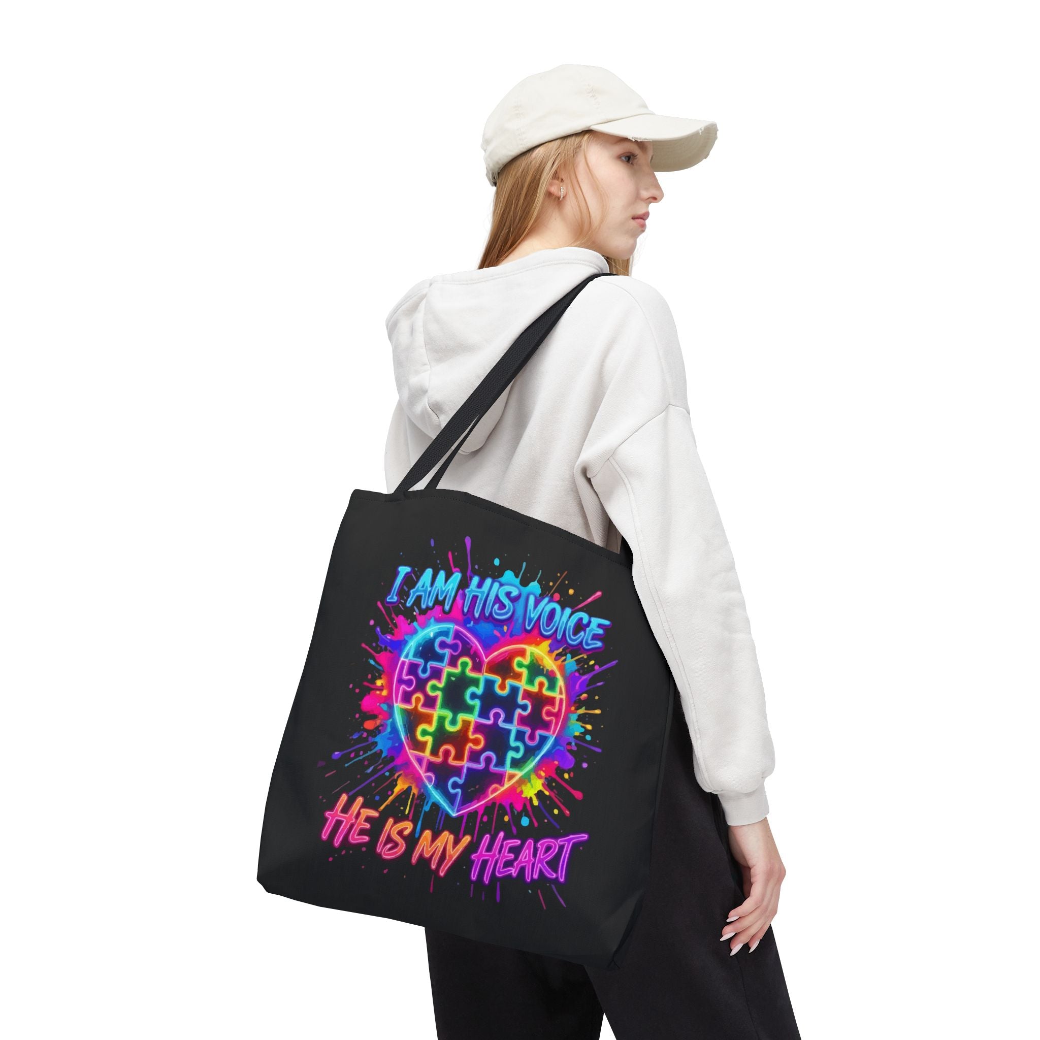 Autism Awareness Tote Bag — "I Am His Voice, He Is My Heart" Colorful Puzzle Heart