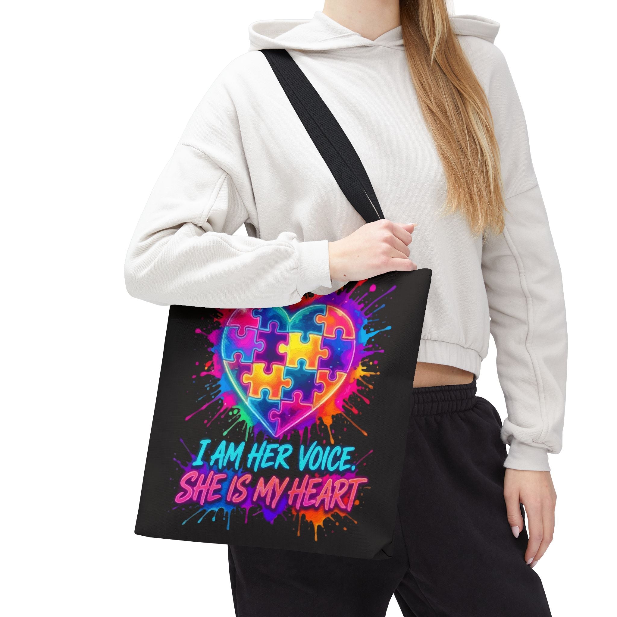Autism Awareness Heart Tote Bag — "I Am Her Voice, She Is My Heart" Colorful Puzzle Design