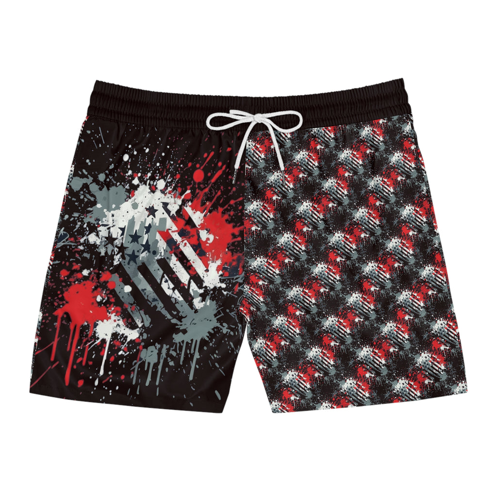 Men's American Flag Grunge Swim Shorts — Red, White & Black Mid-Length