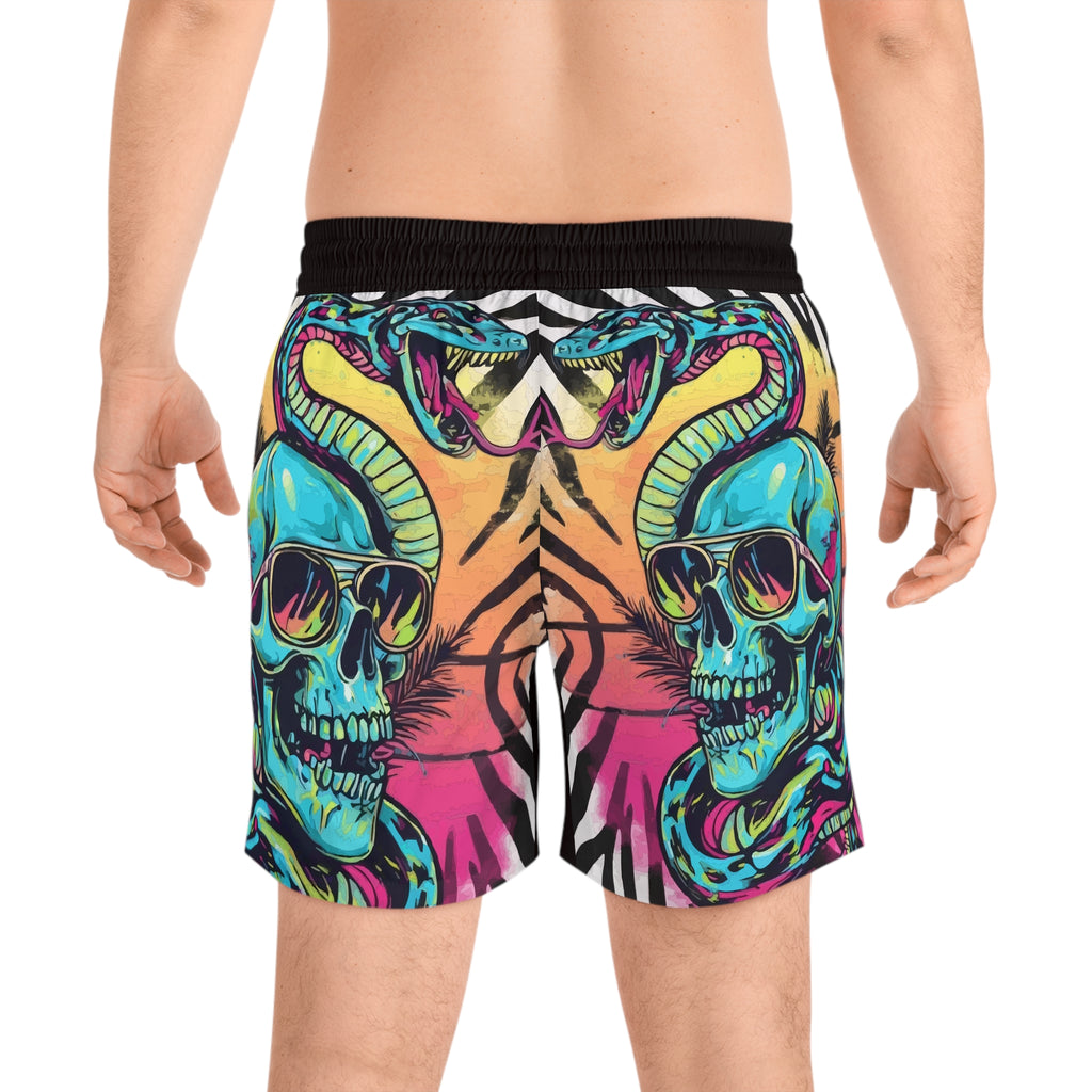 Men's Skull & Snake Swim Shorts — Neon Tropical Print