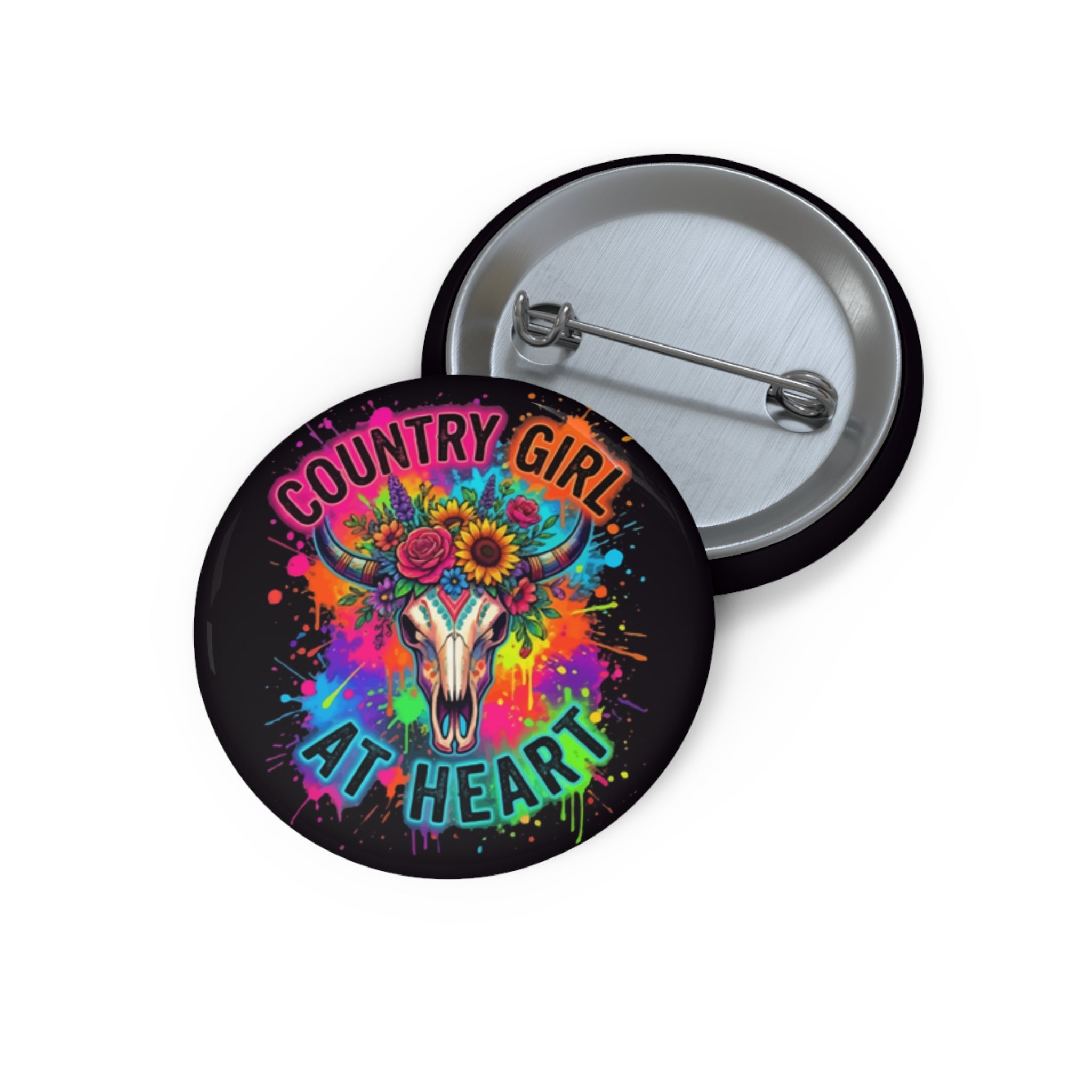 Country Girl At Heart Pin Button – Colorful Cow Skull Floral Badge