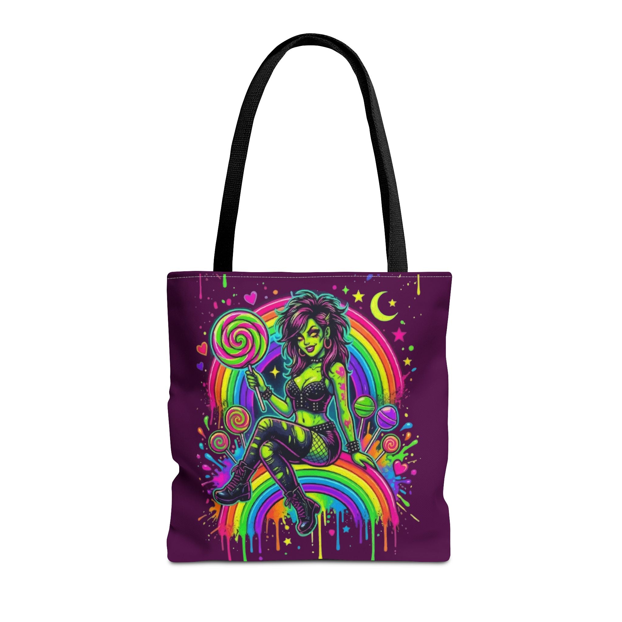 Neon Pinup Witch Rainbow Tote Bag — Candy Goth All-Over Print