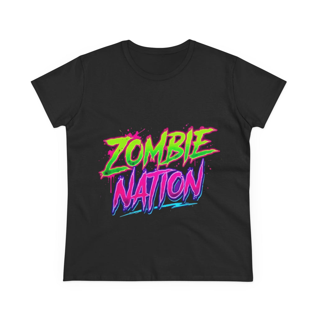 Zombie Nation Tee — Neon Retro Zombie Graphic Shirt for Women (Front & Back Print)